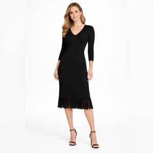 Calvin Klein Black Fringe Hem Midi Dress V-Neck 3/4 Sleeve Rayon Nylon